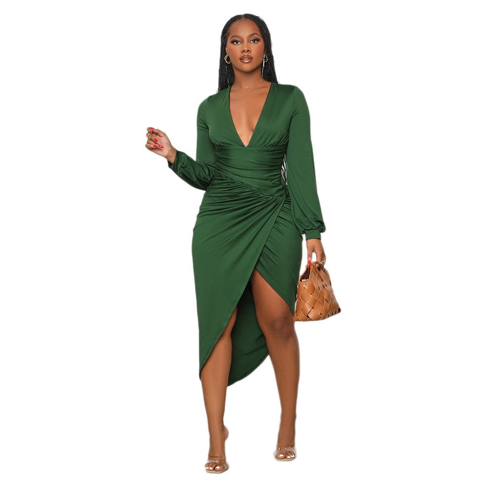 Women Sexy Long Sleeve V-Neck Irregular Slim Dress 8