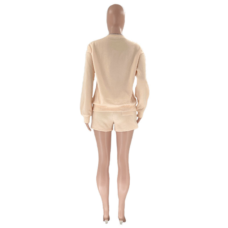 Fall Winter Solid Color Round Neck Pullover Long Sleeve Hoodies Women's Fashion Casual Shorts Two Piece Set 22