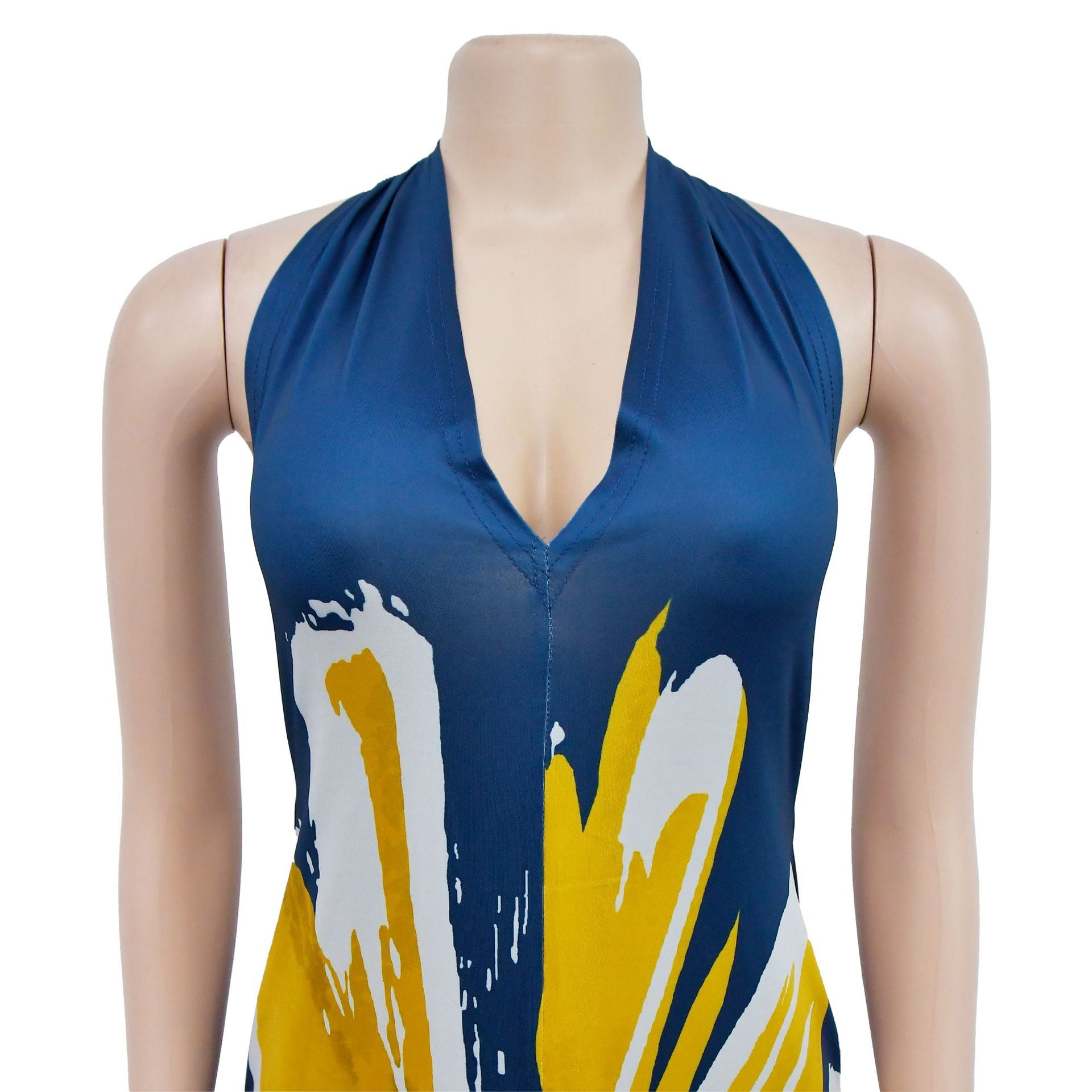 Women's Fashion Low Back Halter Neck Gown Print Maxi Dress 16