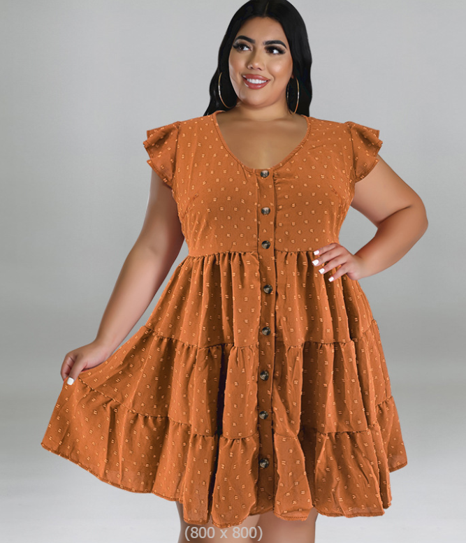 Plus Size Women's Solid Color Ruffled Short Sleeve Button Up Casual A-line Dress