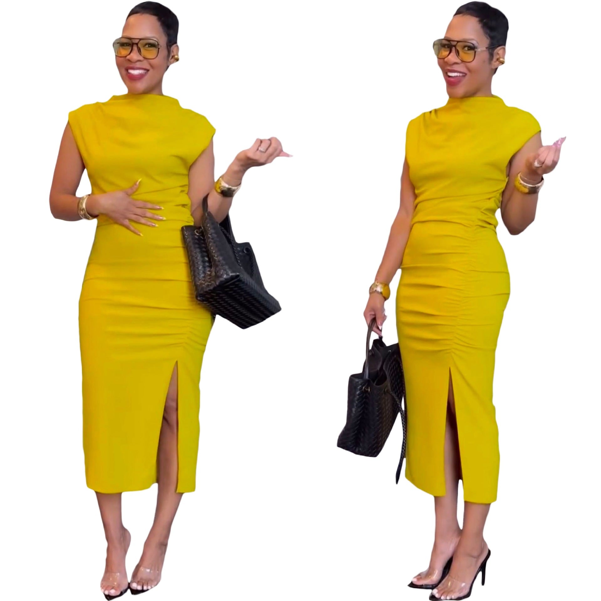 Women Solid Slit Chic Midi Bodycon Dress 3
