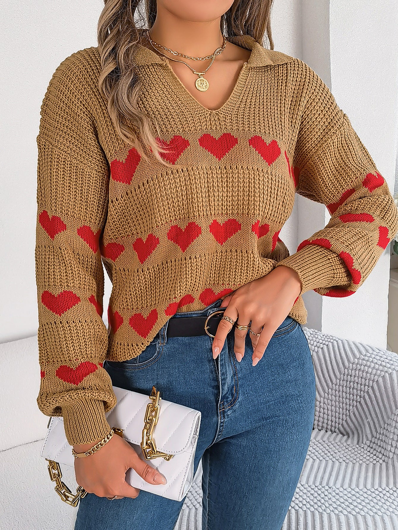 Women Fall/Winter Casual V-neck Balloon Sleeve Heart Print Sweater 6