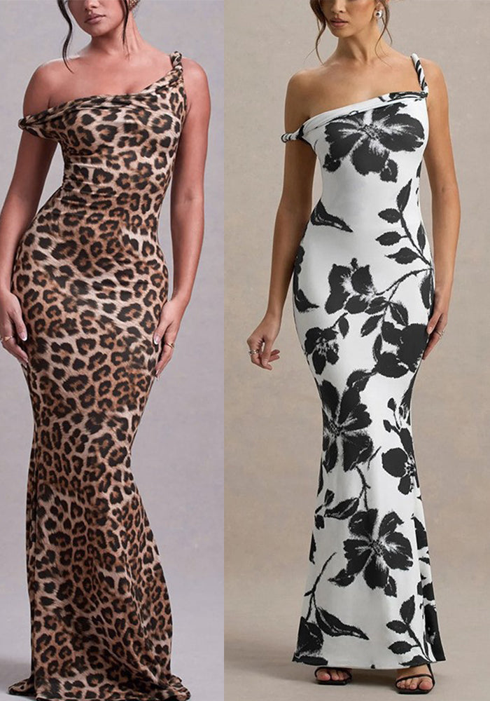 Women Sexy Strap Bcakless Leopard Maxi Dress
