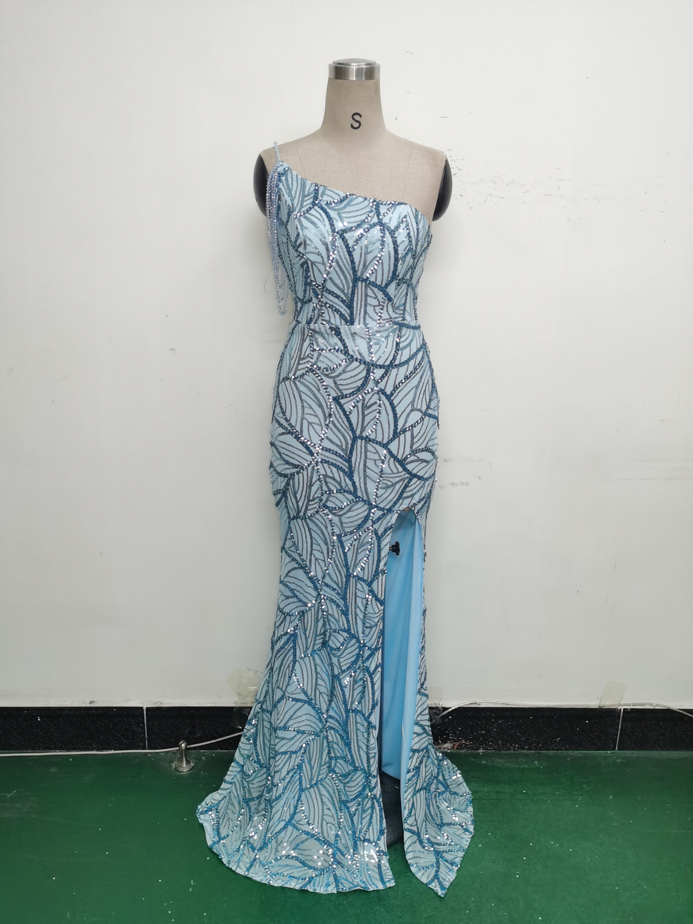 Women One Shoulder Beaded Sequin Embroidery Formal Party Prom Wedding Evening Dress 29