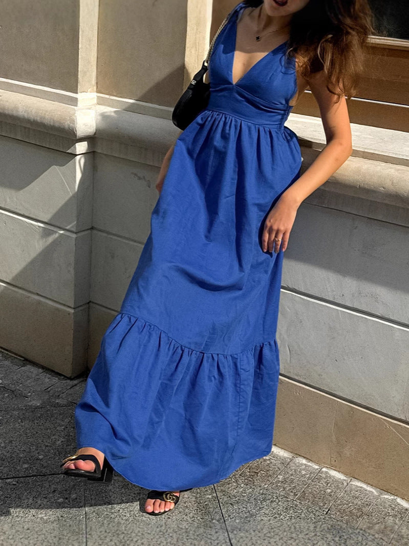 Spring Summer Holidays Style Blue V Neck Strap Low Back Long Dress 4