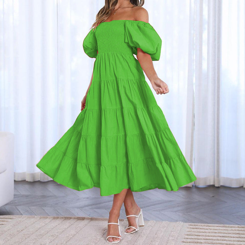 Summer Women's Fashion Loose Off Shoulder Puff Sleeve A-Line Midi Dress 4