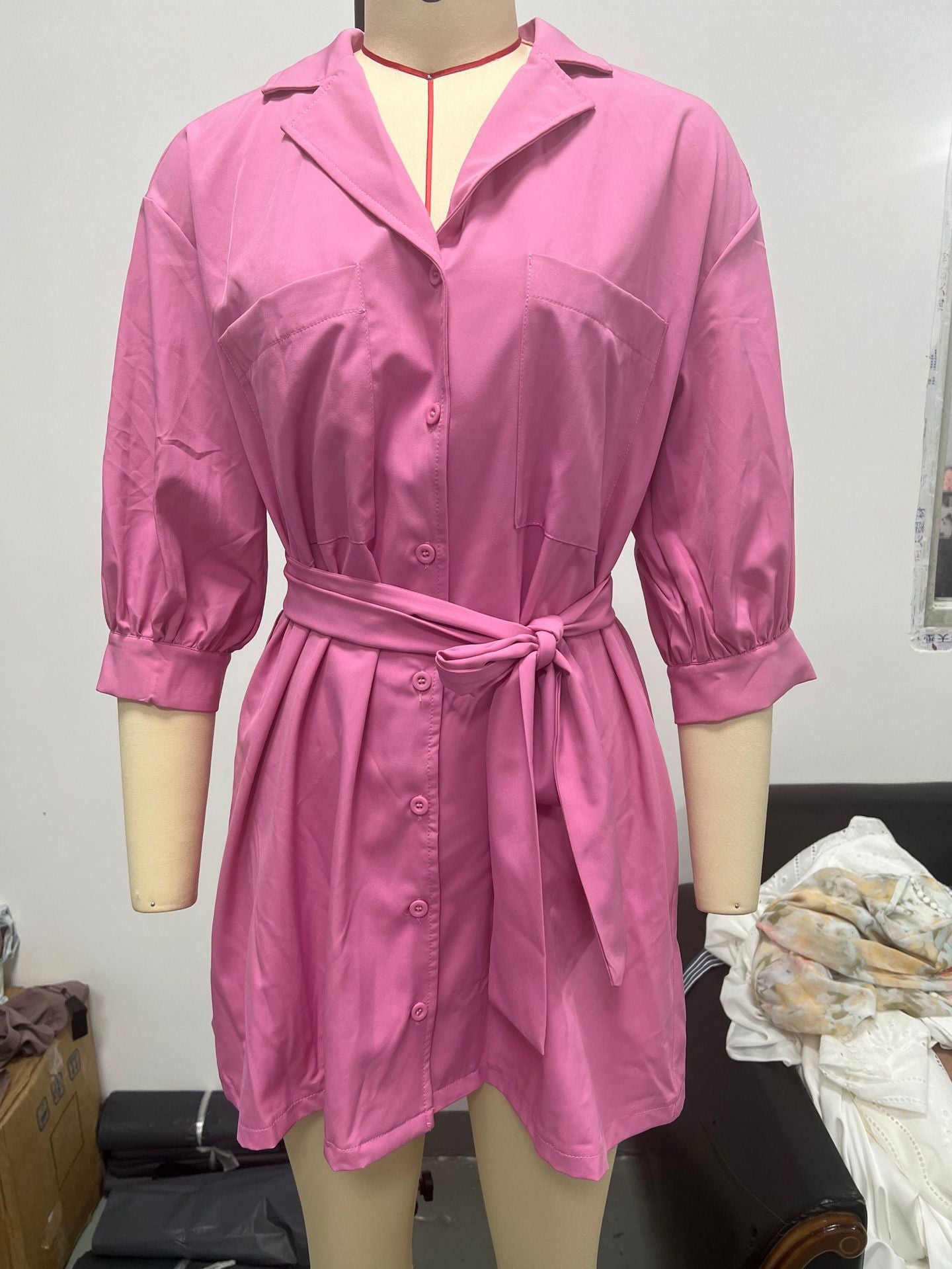 Autumn Women's Button Belt Pocket Shirt Dress 16