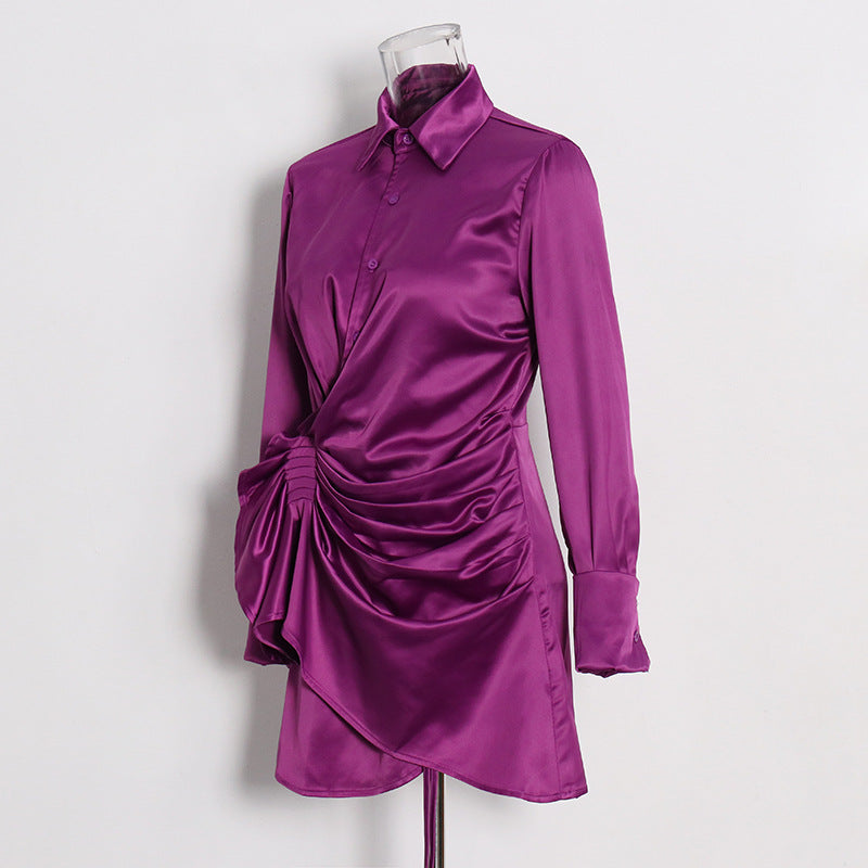 Women Sexy Satin Pleated Design Solid Dress 4