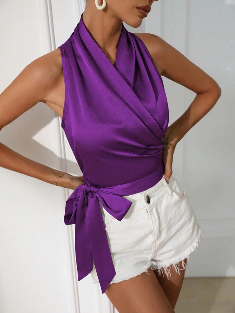 Women satin spring and summer Halter neck Sexy Lace-up Sleeveless Top 18