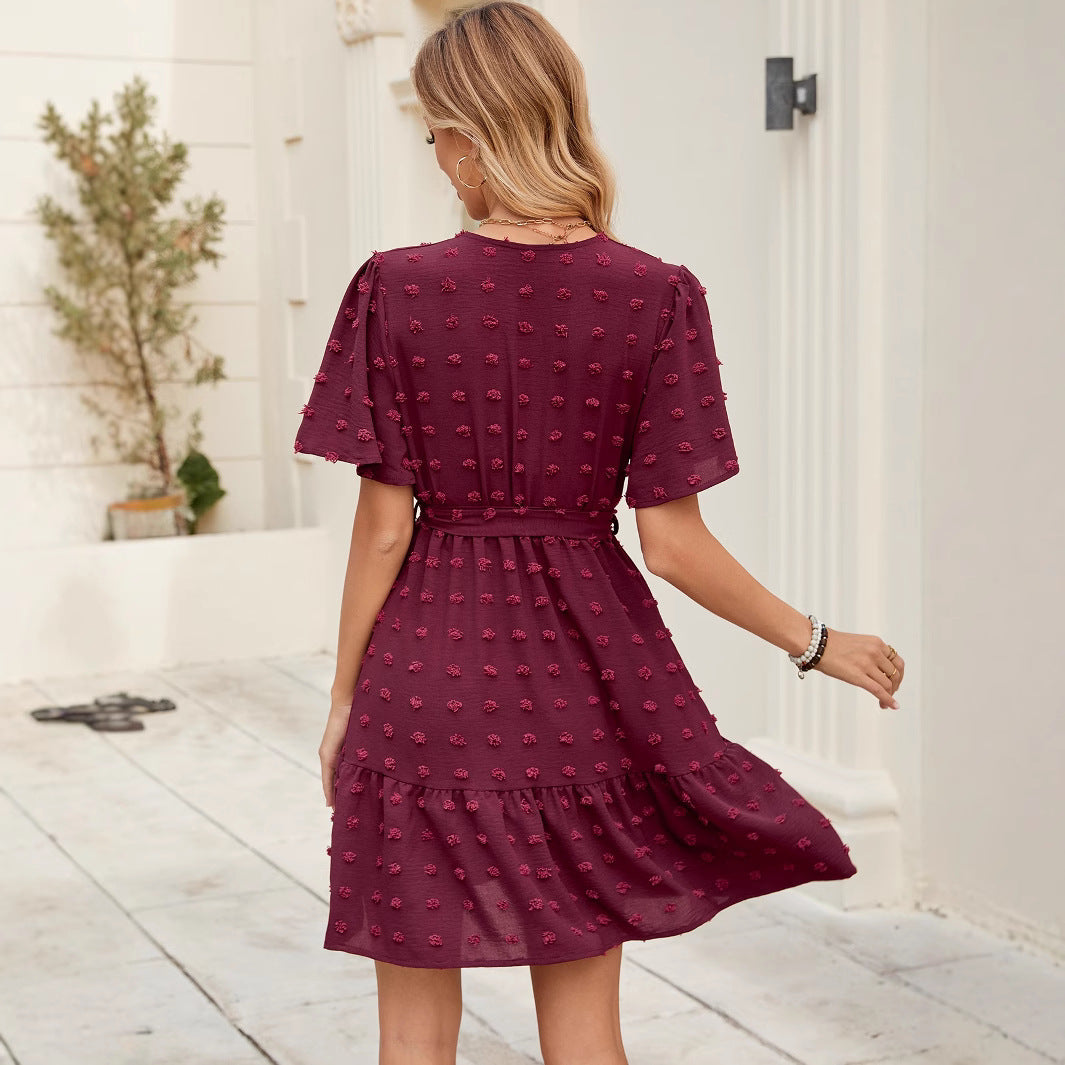 Women Ruffle Sleeve V Neck Lace-Up Dress 3