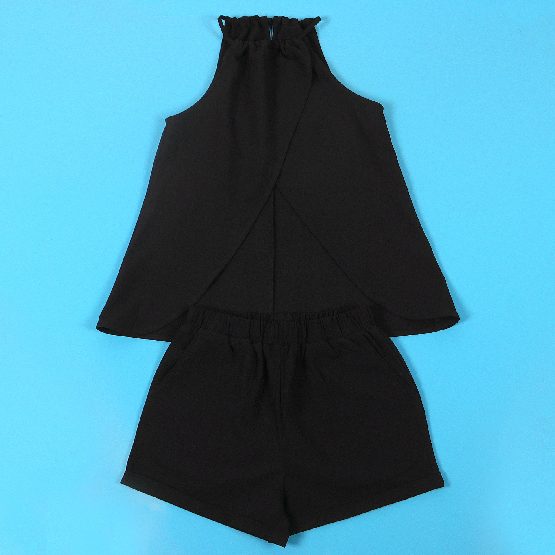 Women sexy solid slit halter neck lace-up sleeveless top and shorts two-piece set 51