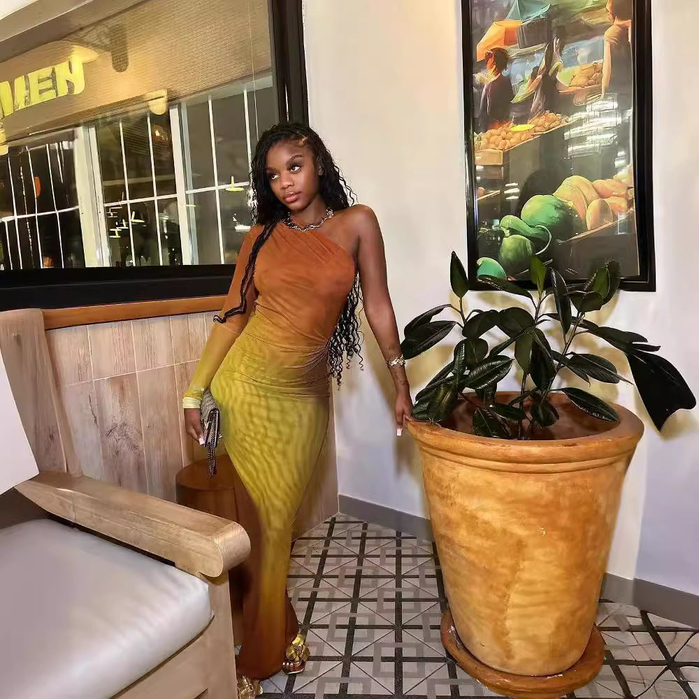 Summer Fashion Print Sexy Slash Shoulder Single Sleeve Gradient Color Bodycon Dress 5