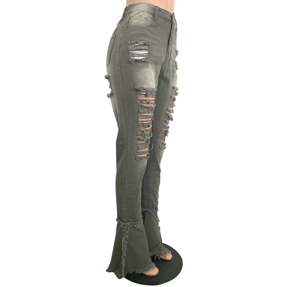 Women's Fringed Ripped Classic Denim Ruffle Trouser 40