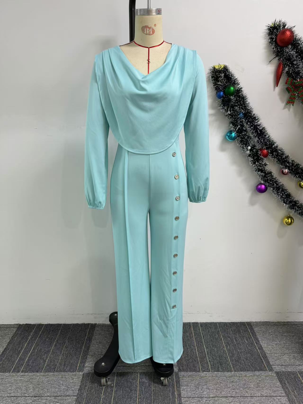 Sexy Lantern Sleeve Slim Waist Button Decoration Wide Leg Jumpsuit 8