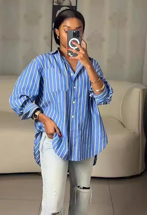 Spring Casual Blue And White Striped Career Loose Shirt 3