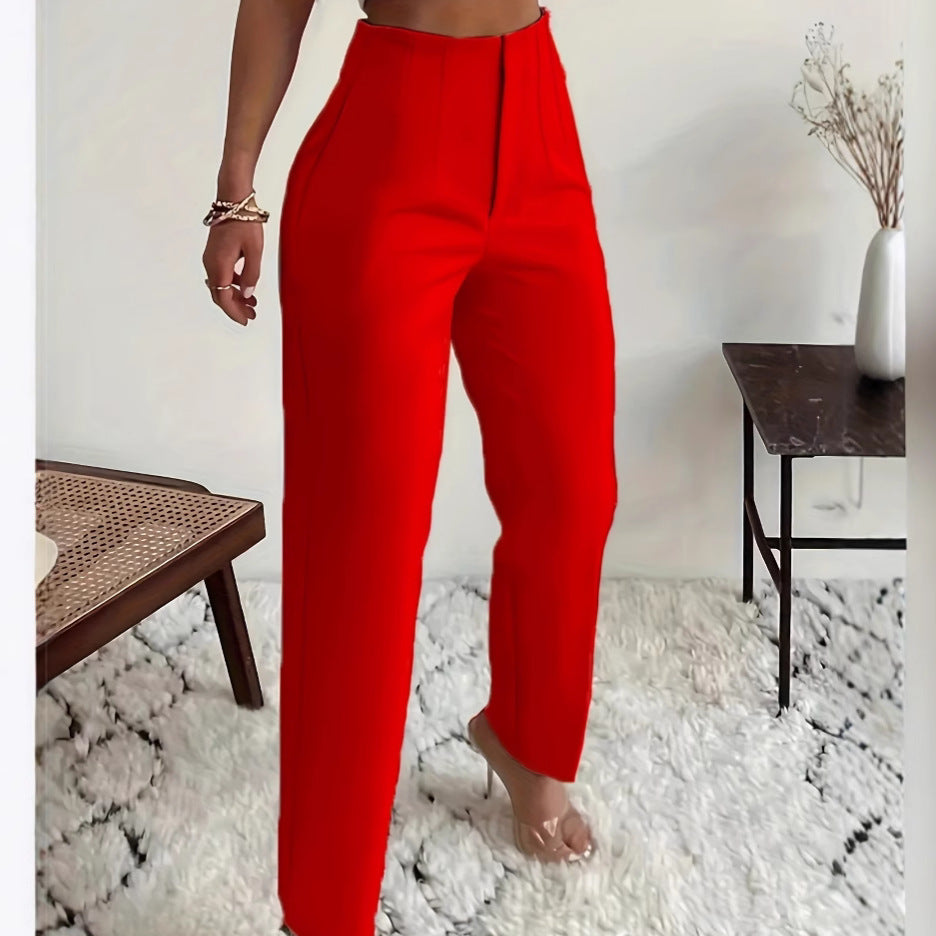 Women's Summer Pleated Casual High-Waist Solid Color Slim Pants 10