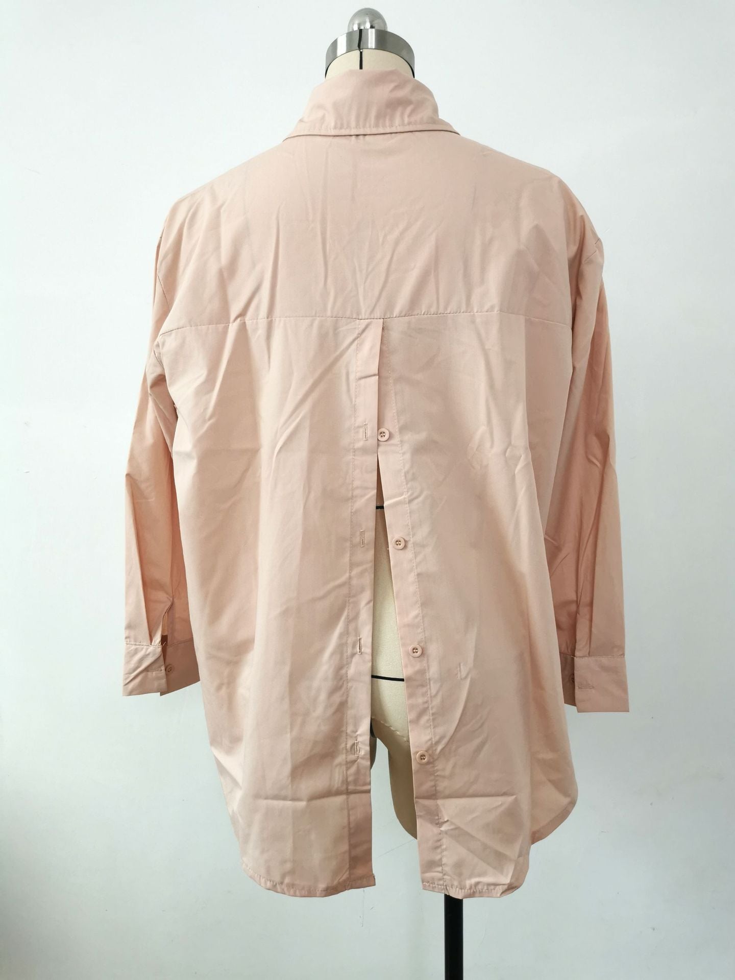 Women Solid Style Long Sleeve Back Slit Loose Shirt 20