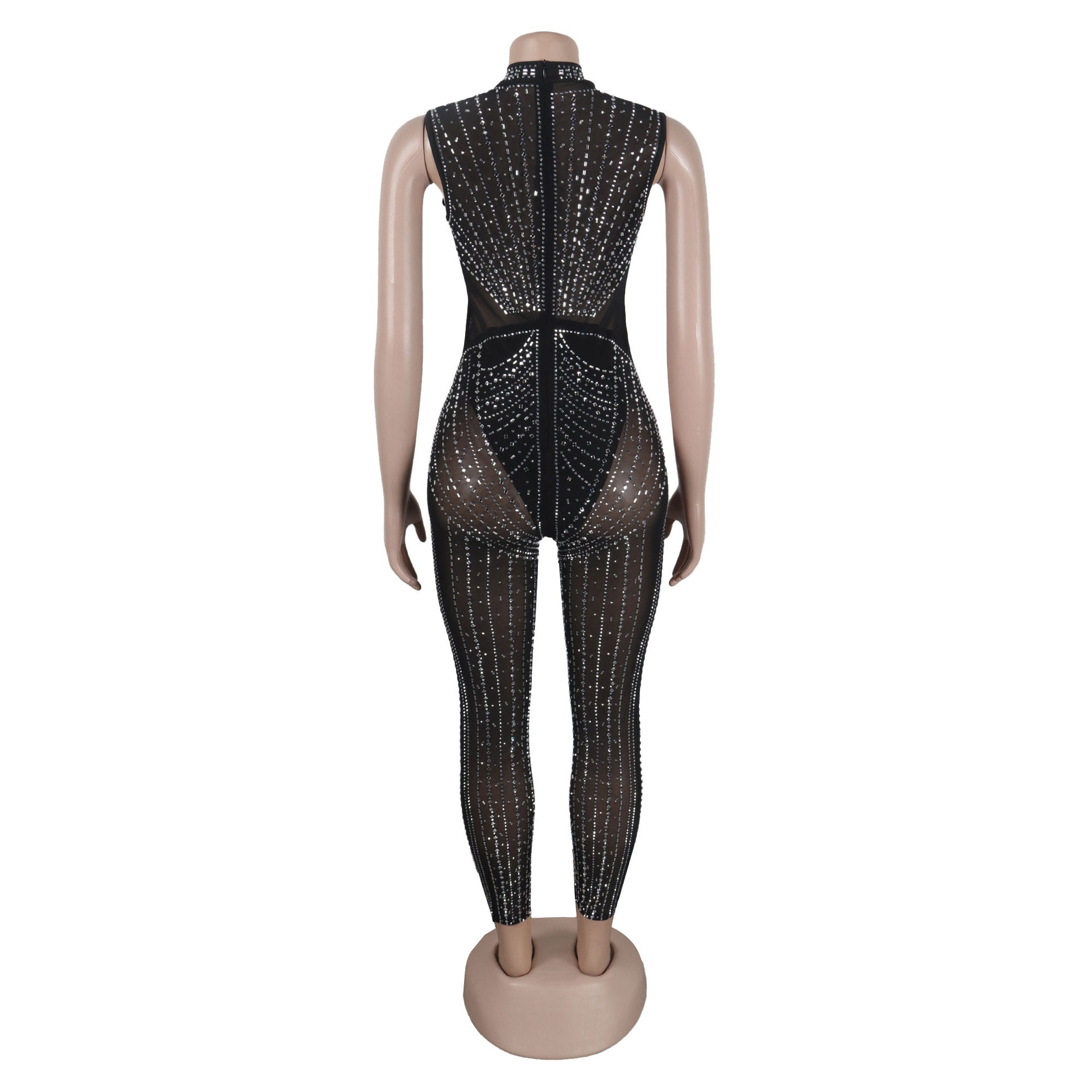 Women Sexy Beaded See-Through Bodycon Stretch Sleeveless Jumpsuit 15