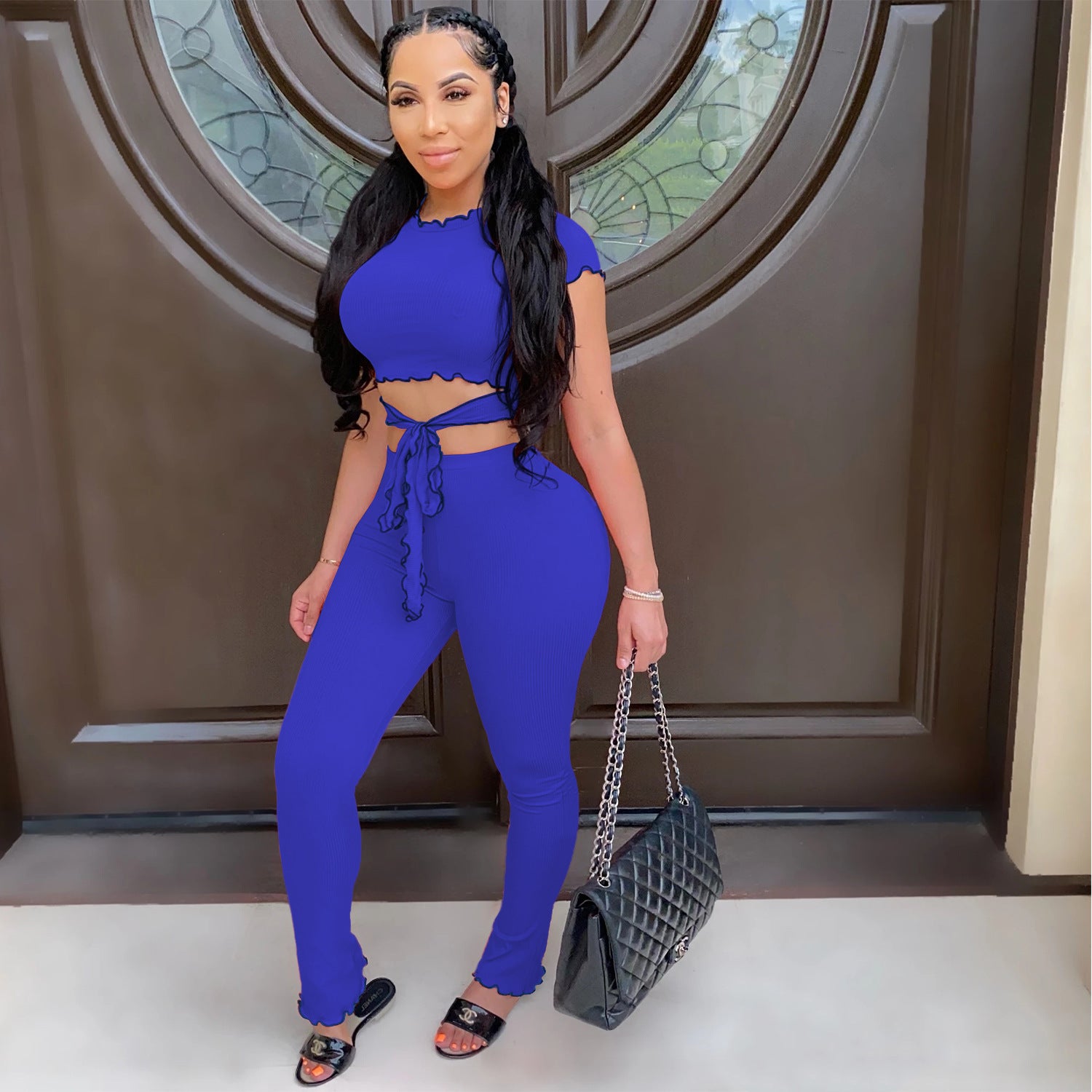 Women Sexy Short-Sleeved Top and Pant Two-Piece Set