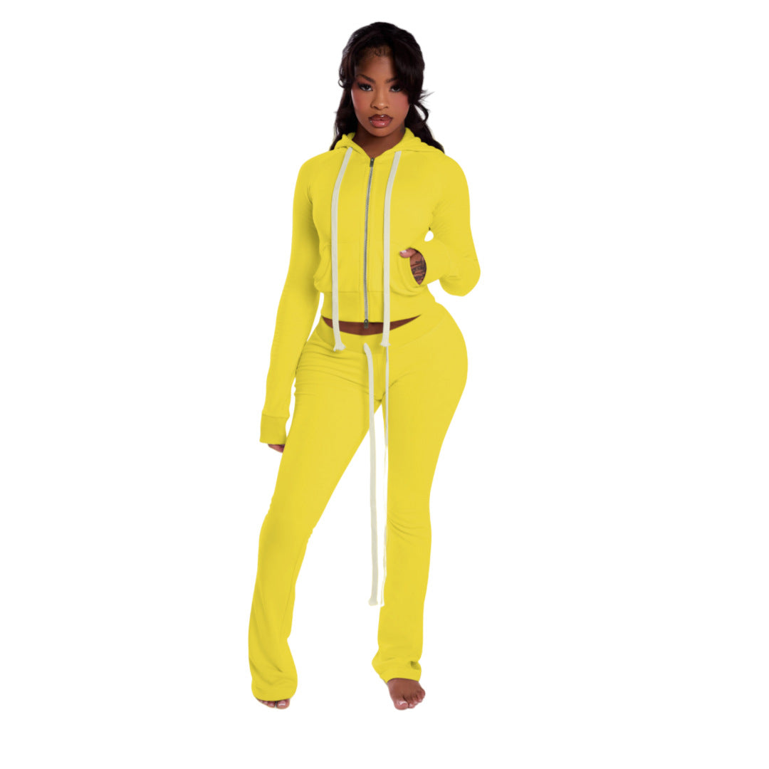 Women Zippered Hooded Top and Pant Two-Piece Set 9