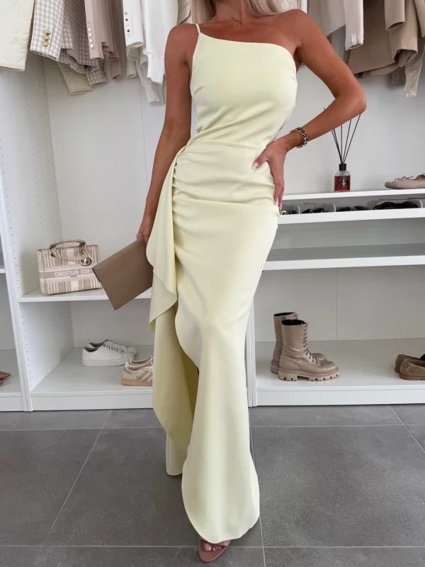 Summer Slash Shoulder Split Sleeveless Women's Sexy Slim Evening Dress 16