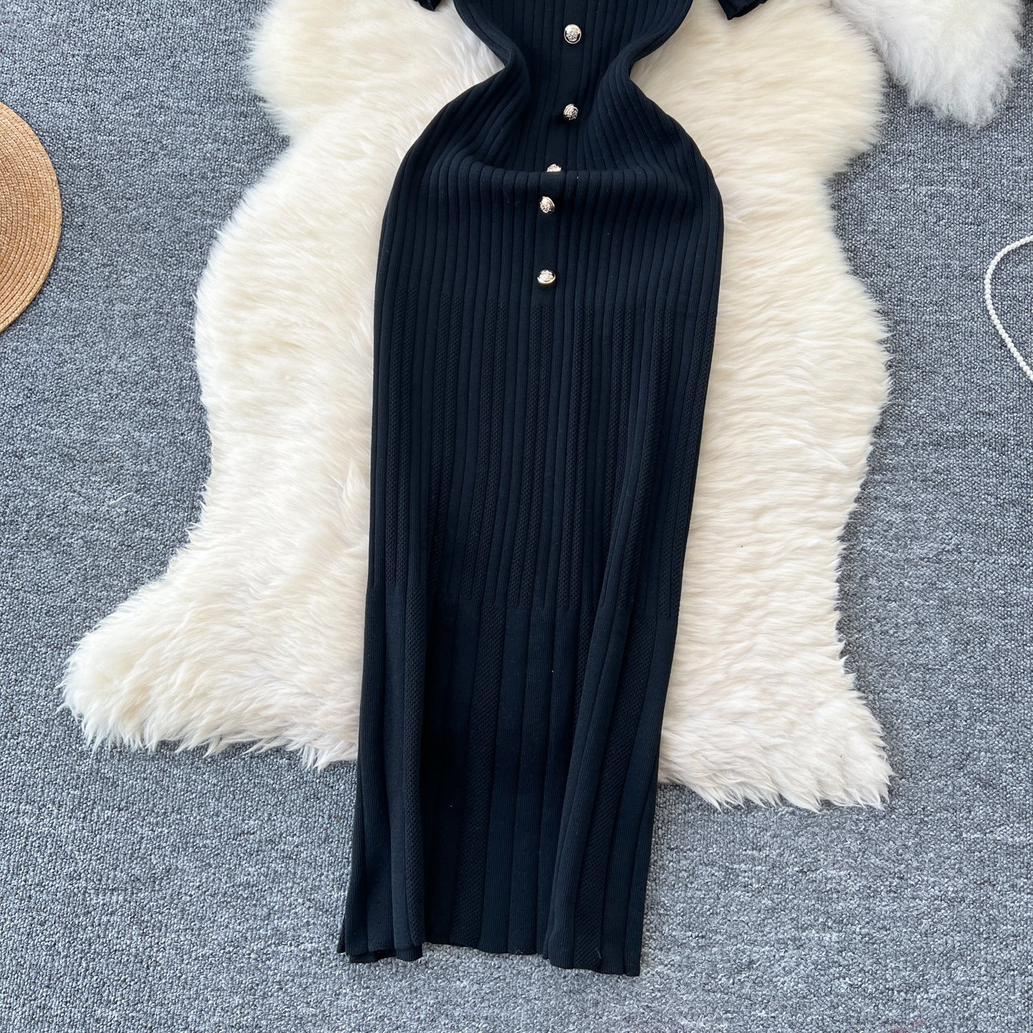 Chic Knitting Round Neck Single-Breasted Short-Sleeved Slim Midi Dress 12