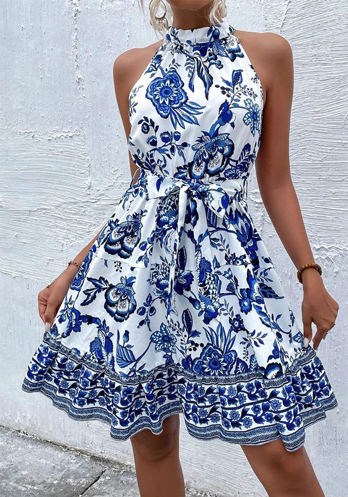 Women Floral Halter Neck Sleeveless Dress