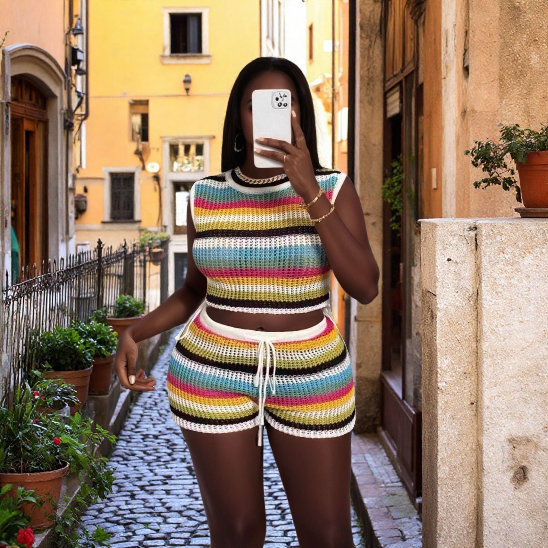 Women Style Contrast Striped Cutout Vest and Bodycon Shorts Knitting Beach Holidays Two-Piece Set