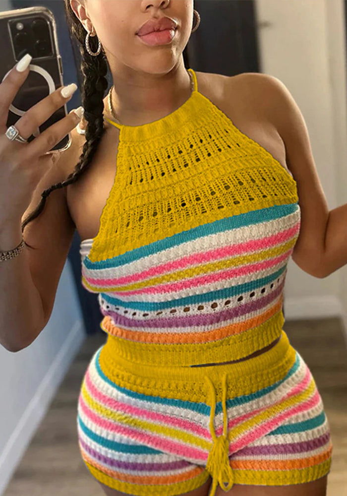 Summer Women Backless Halter Neck Top Sweater and Shorts Two-piece Set