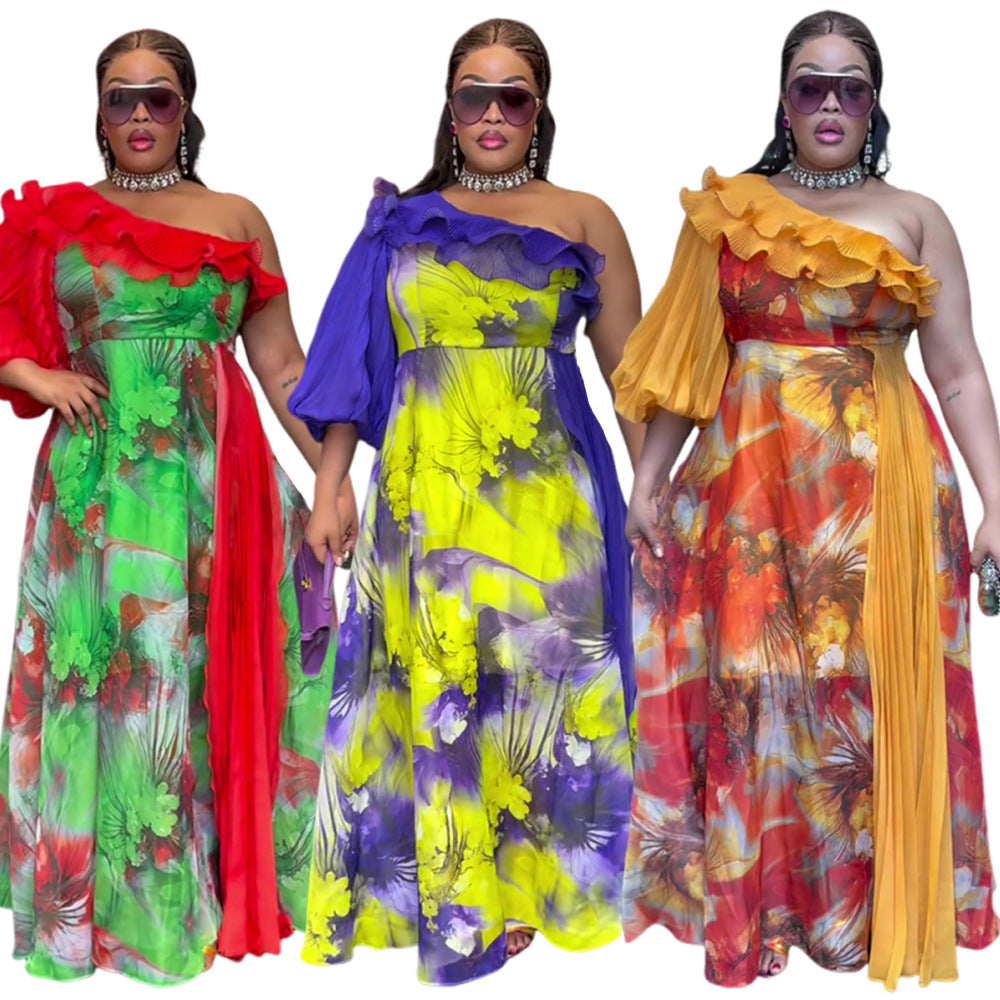 Plus-size African print off-shoulder spring/summer chiffon dress 7