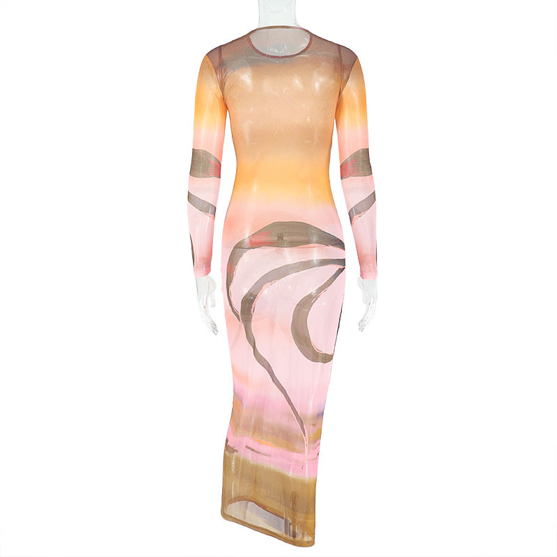 Fashion women's print round neck long sleeve micro-transparent bodycon dress 8