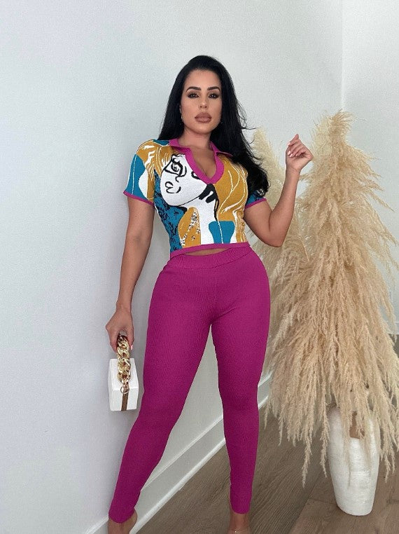 Women's Autumn And Winter Print Turndown Collar Short Sleeve Top Slim Trousers Two Piece Set 11