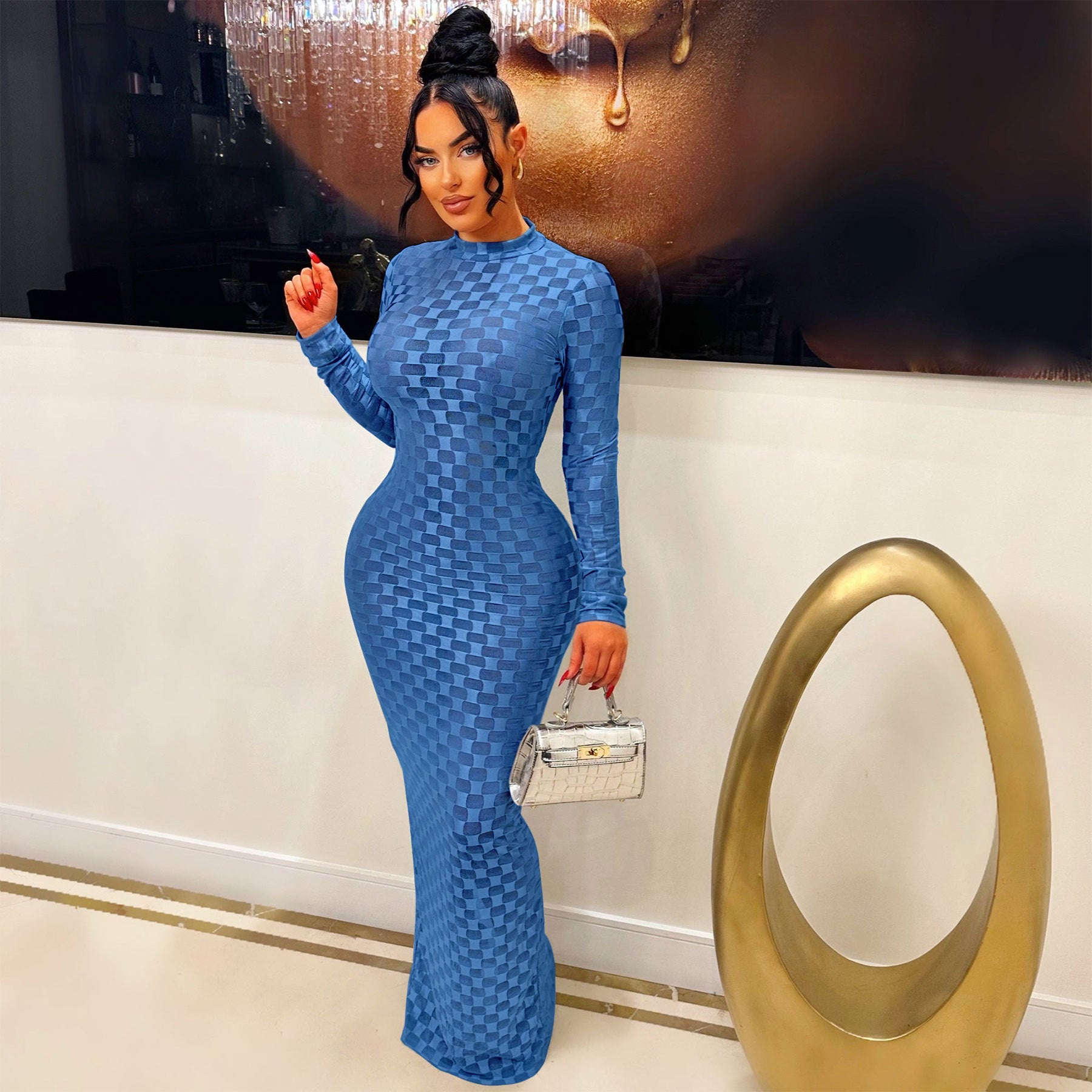 Women's Fashion Mesh Round Neck Slim Fit Long Dress 5