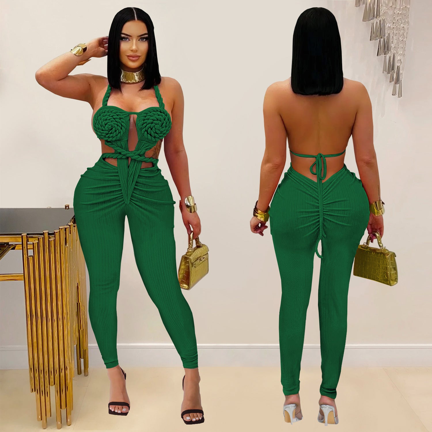 Women Sexy Casual Halter Neck Backless Solid Jumpsuit