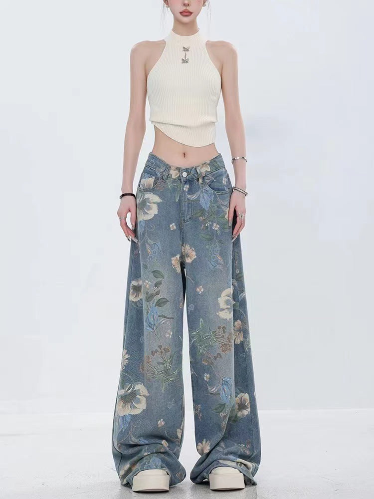 Women American Retro Printed Wide Leg Denim Pants