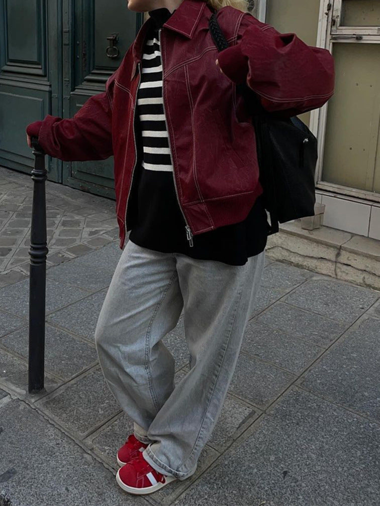 Autumn Women's Retro Stand Collar Leather Jacket 6