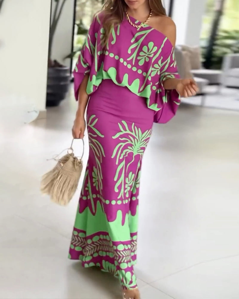 Women Printed Lantern Sleeve Top and Fishtail Skirt Two-Piece Set