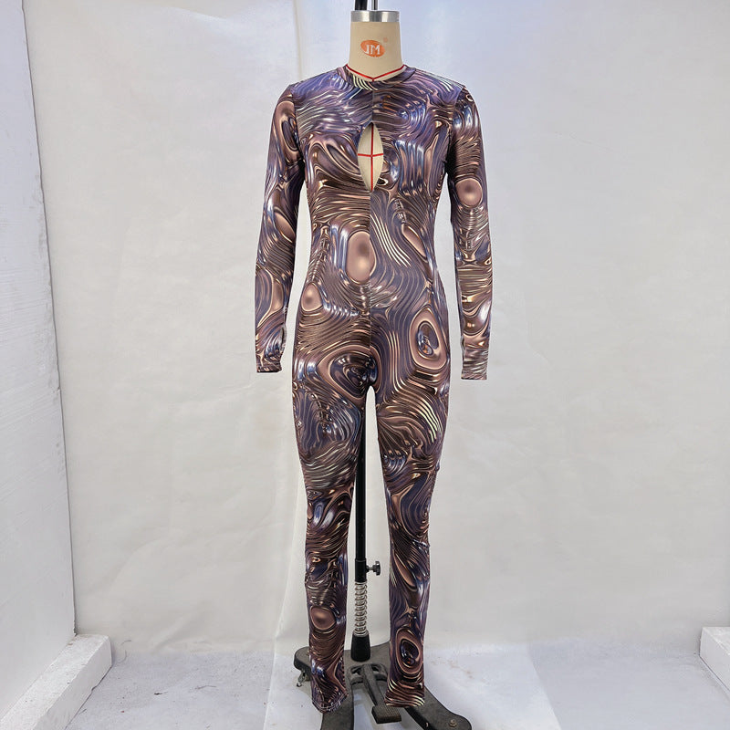 Women Hollow Long Sleeve Backless Printed Jumpsuit 8