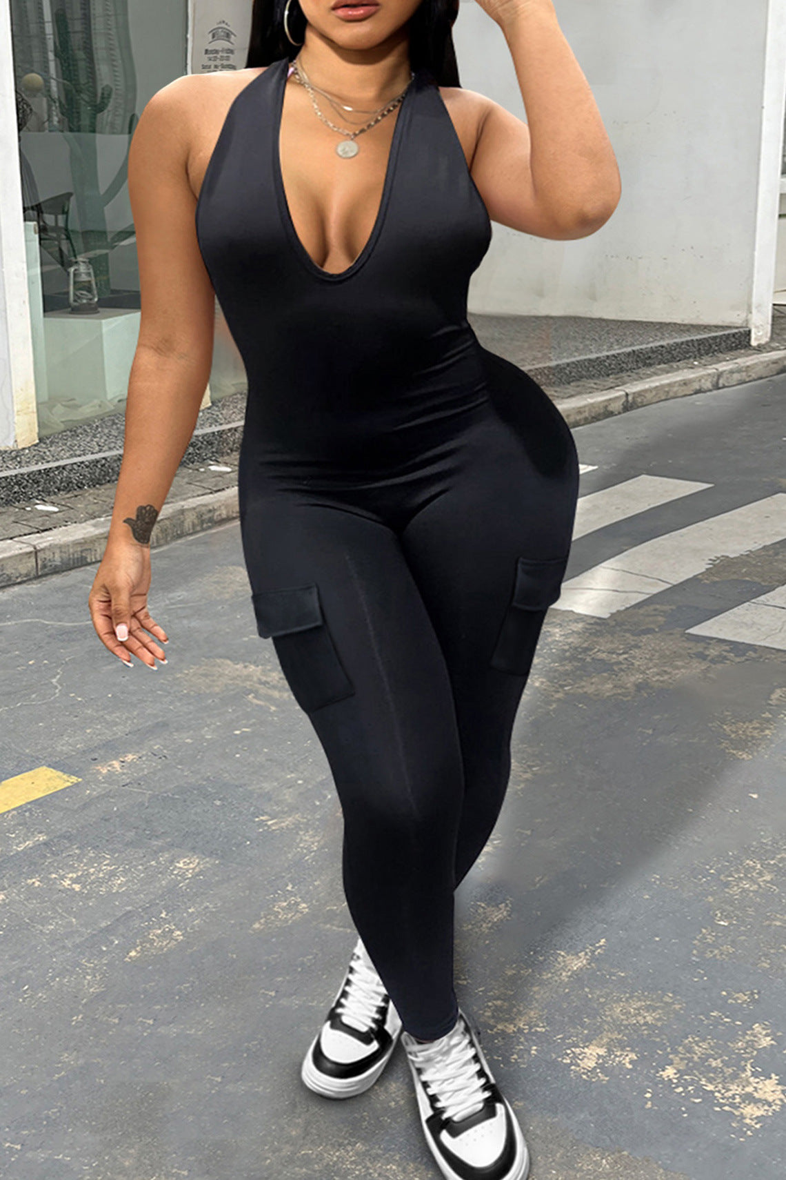 Women Sexy Backless Halter Neck V-neck Pocket Jumpsuit 4
