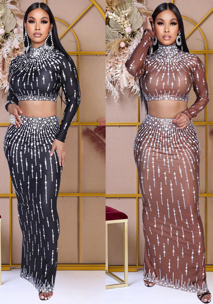 Long Sleeve Top & Bodycon Slit Skirt Party Printed Two-Piece Set