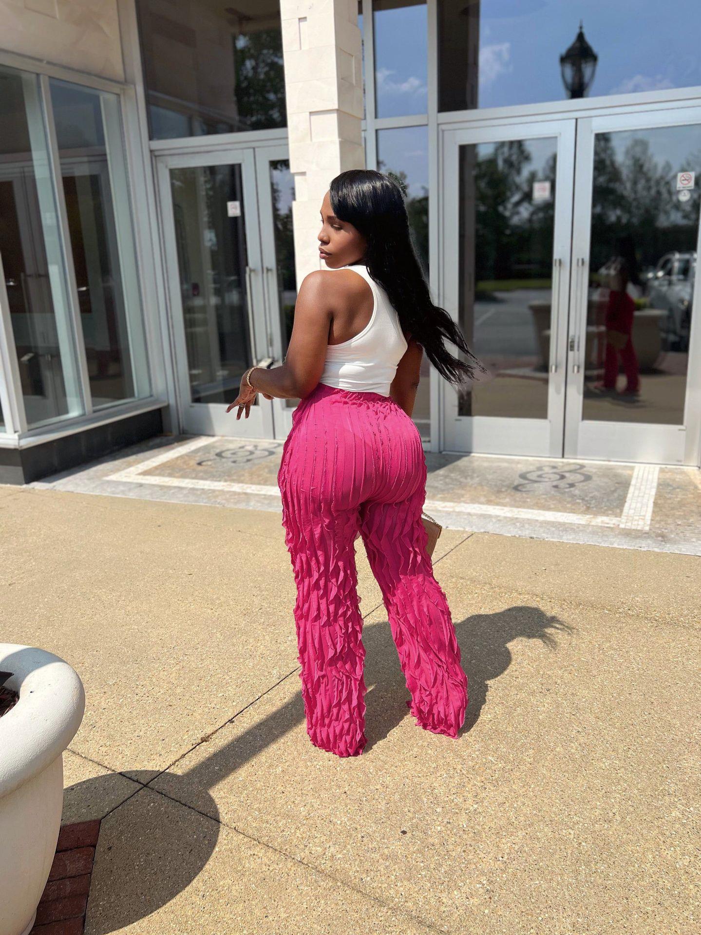 Women's Mesh Wave Pattern Ruffle Loose High Waist Wide Leg Trousers 13