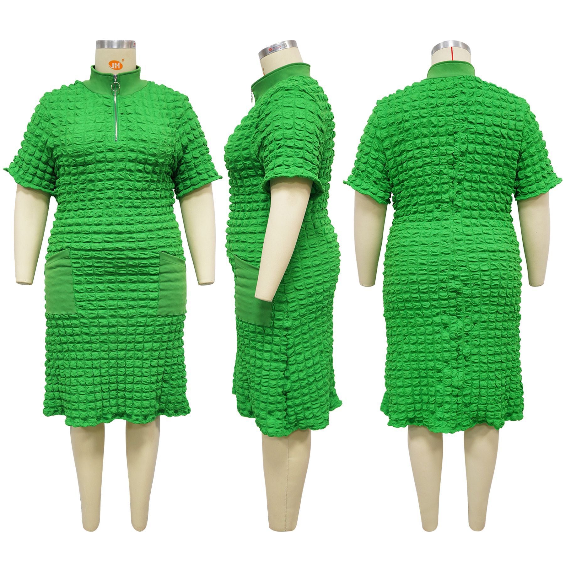 Spring Plus Size Short Sleeve Zipper Hollow Midi Dress 13