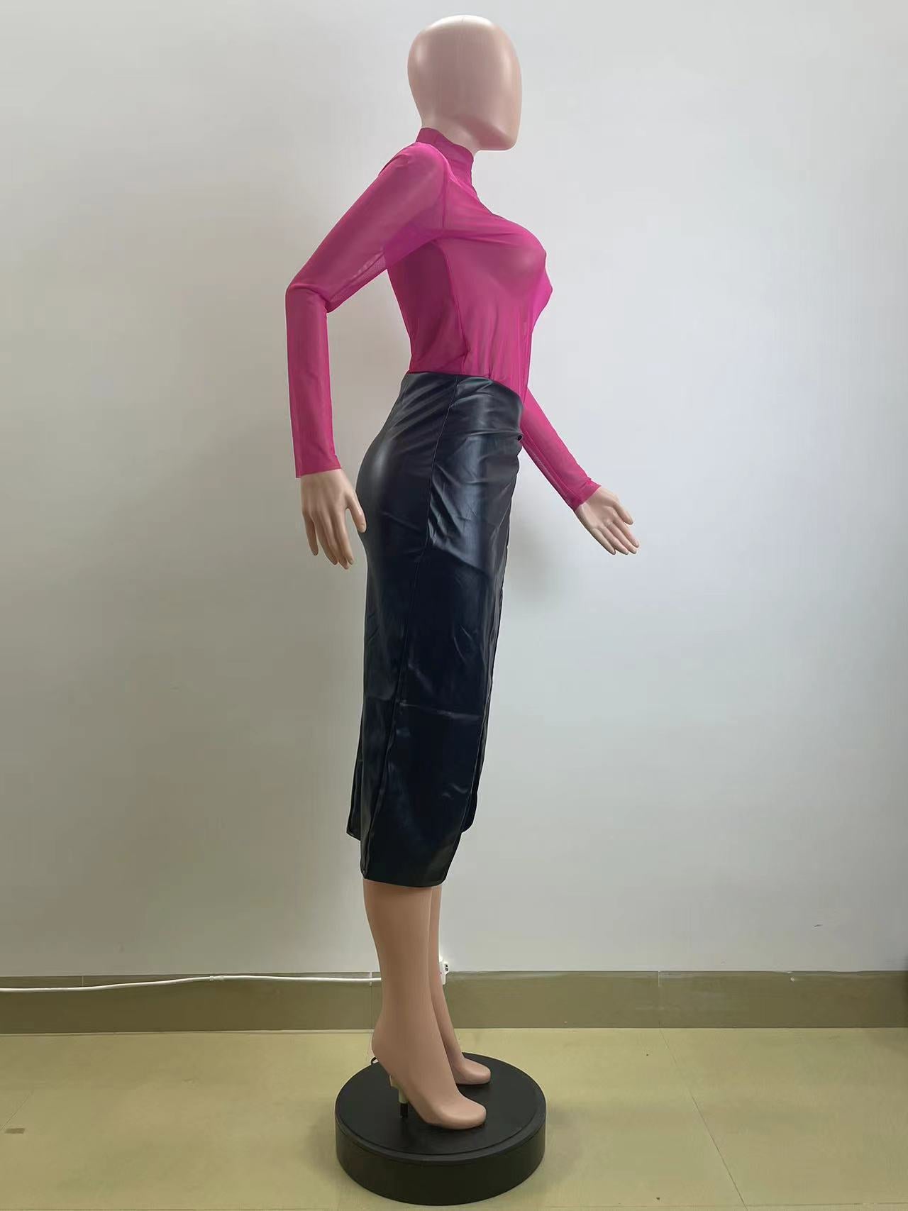 Women's Chic Pu Leatherwinter And Spring High Waist Slit Irregular Versatile Midi Skirt 10