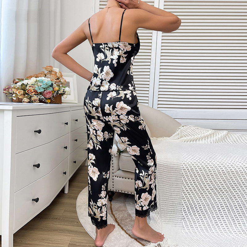 Sexy Leopard Printed Pajama Set Lace Satin Camisole Trousers Homewear 8