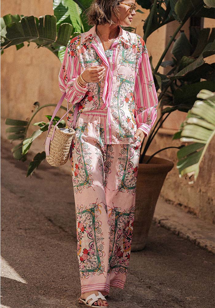 Women Casual Long Sleeve Loose Print Pocket Two-piece Set