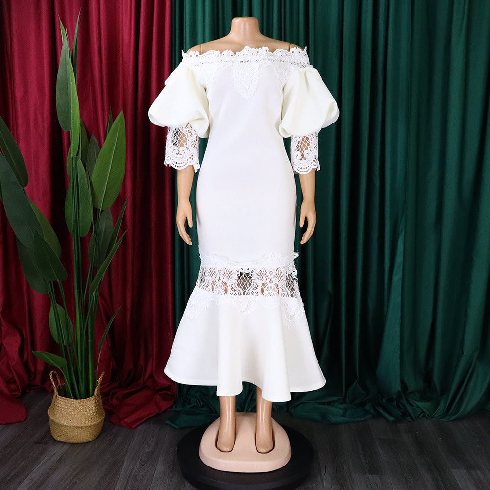 Women Off Shoulder Puff Sleeve Lace Patchwork Formal Party Mermaid Dress 15