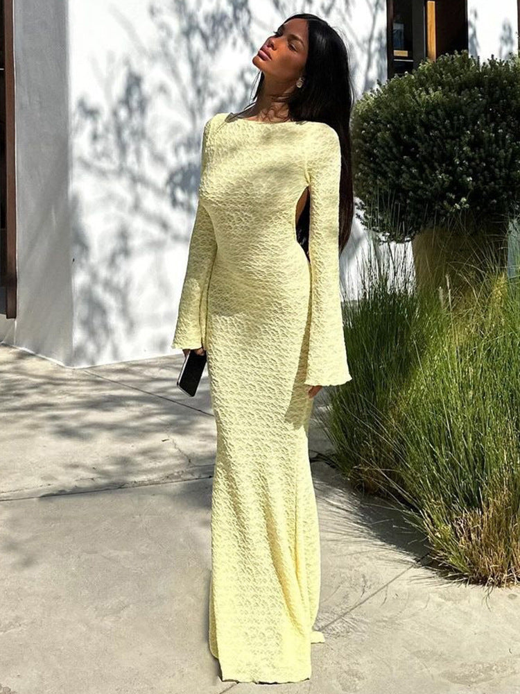 Women Autumn Low Back Lace-Up Backless Long Sleeve Long Dress 4