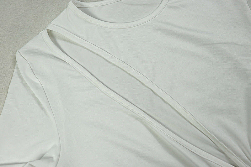 Chic Women's Fashion Cut-Out Slit Irregular Round Neck Solid Color Pleated Dress 24