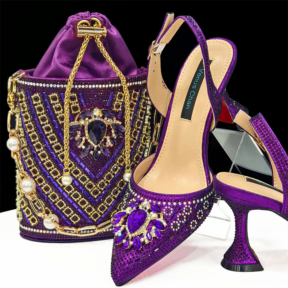 African Shoe And Bag Set Combination Pointed-Toe Ladies' Plus Size High-Heeled Wedding Shoes With Bucket Bags 10