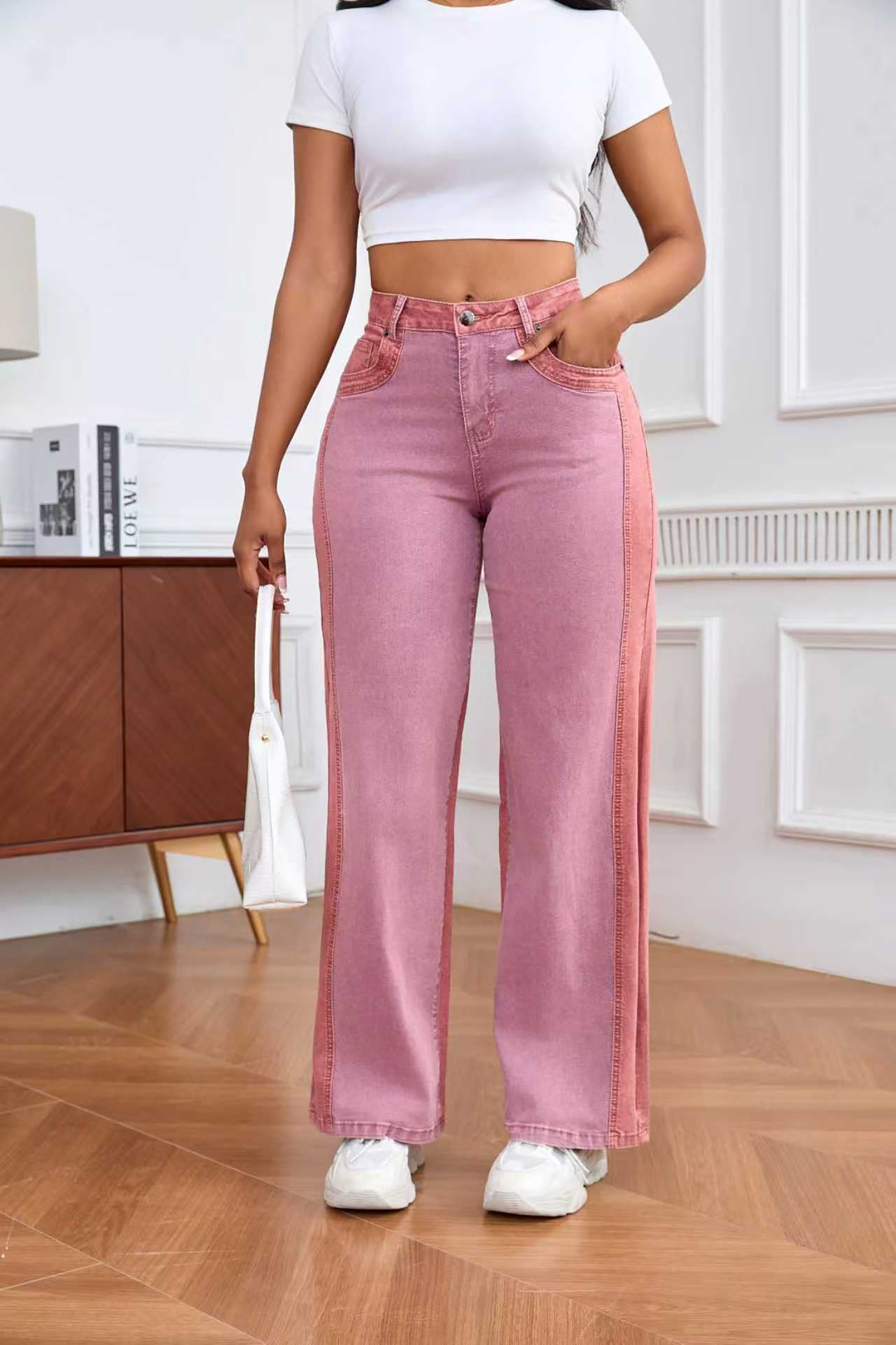 Women Patchwork Wide-Leg Denim Pants, Fall American Style Contrast Color Pants 9